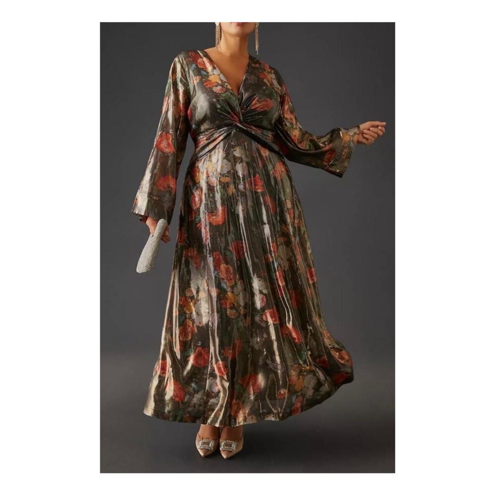 Anthropologie Caballaro Midi Dress Brown Metallic Floral New